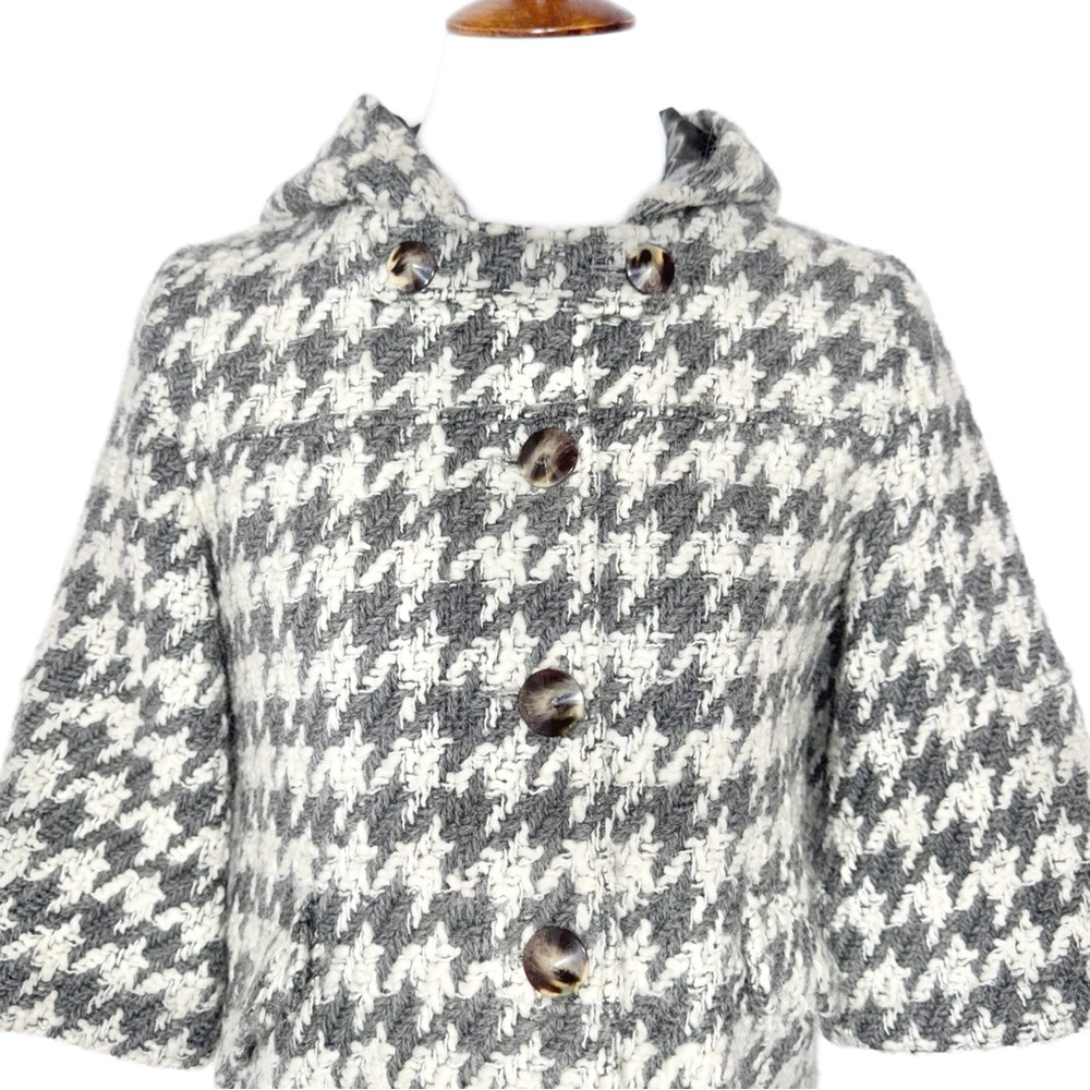 Anthropologie Houndstooth Gray Tweed Crochet 3/4 Sleeve Hooded Peacoat Jacket S - Picture 4 of 14